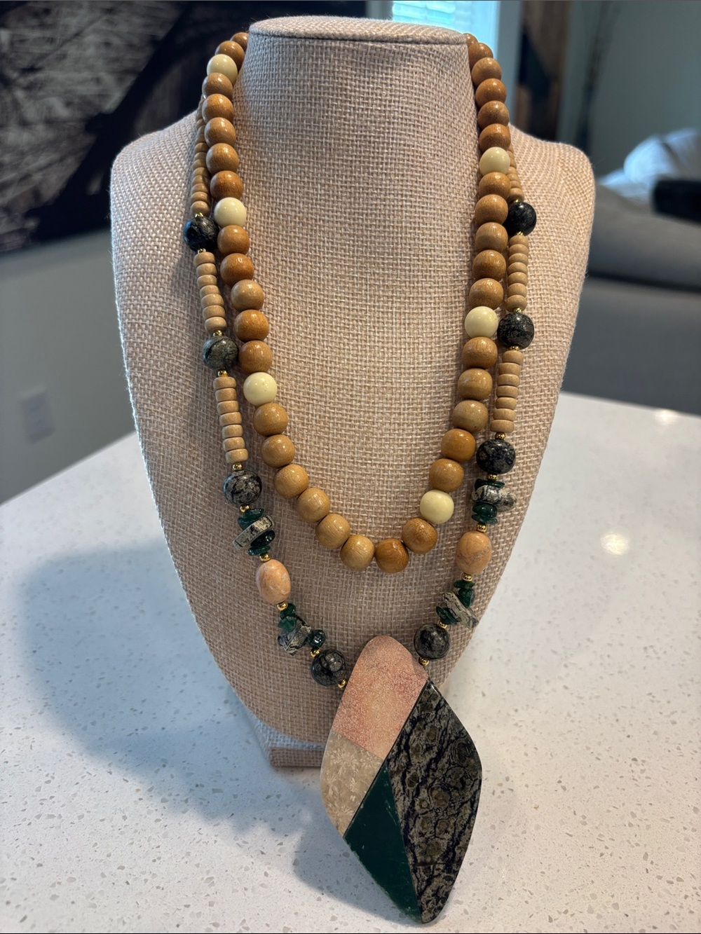 Vintage Boho Layered Multi-Strand Wooden Bead & Stone Geometric Pendant Necklace